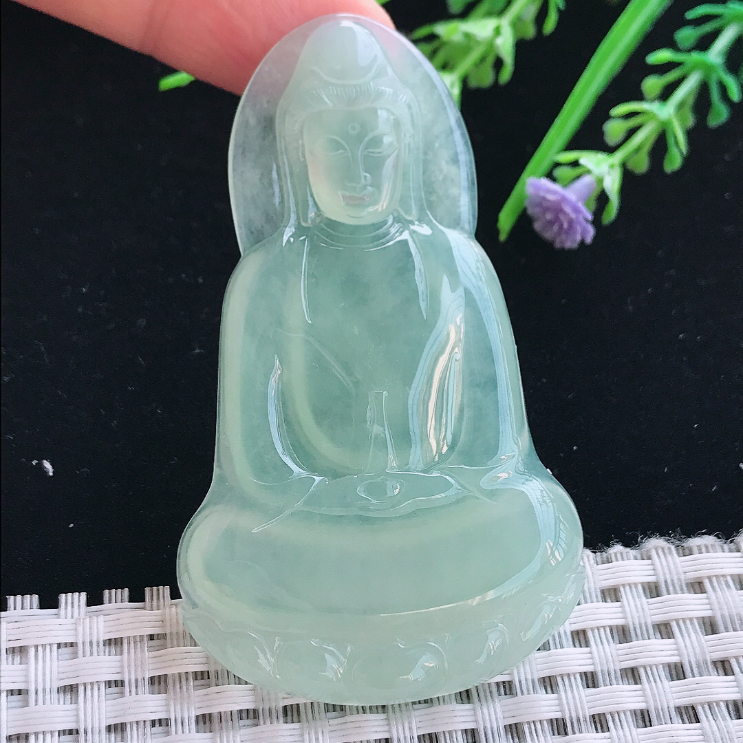 实拍A货翡翠66/39.5/5.5老坑冰种起胶冰晴甜绿素衣观音吊坠翡翠挂件