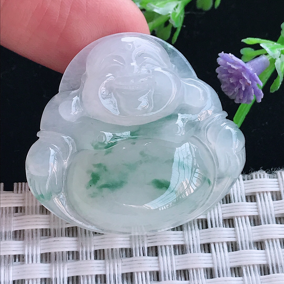 实拍A货翡翠31.8/34.8/6.2老坑冰胶水灵冰飘花佛公吊坠翡翠挂件