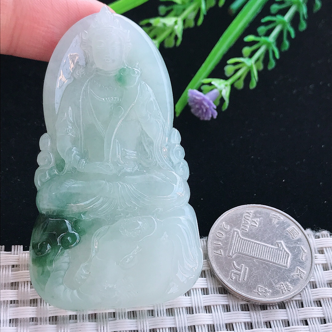 实拍A货翡翠65/37/6.5老坑冰胶飘花普贤菩萨吊坠翡翠挂件