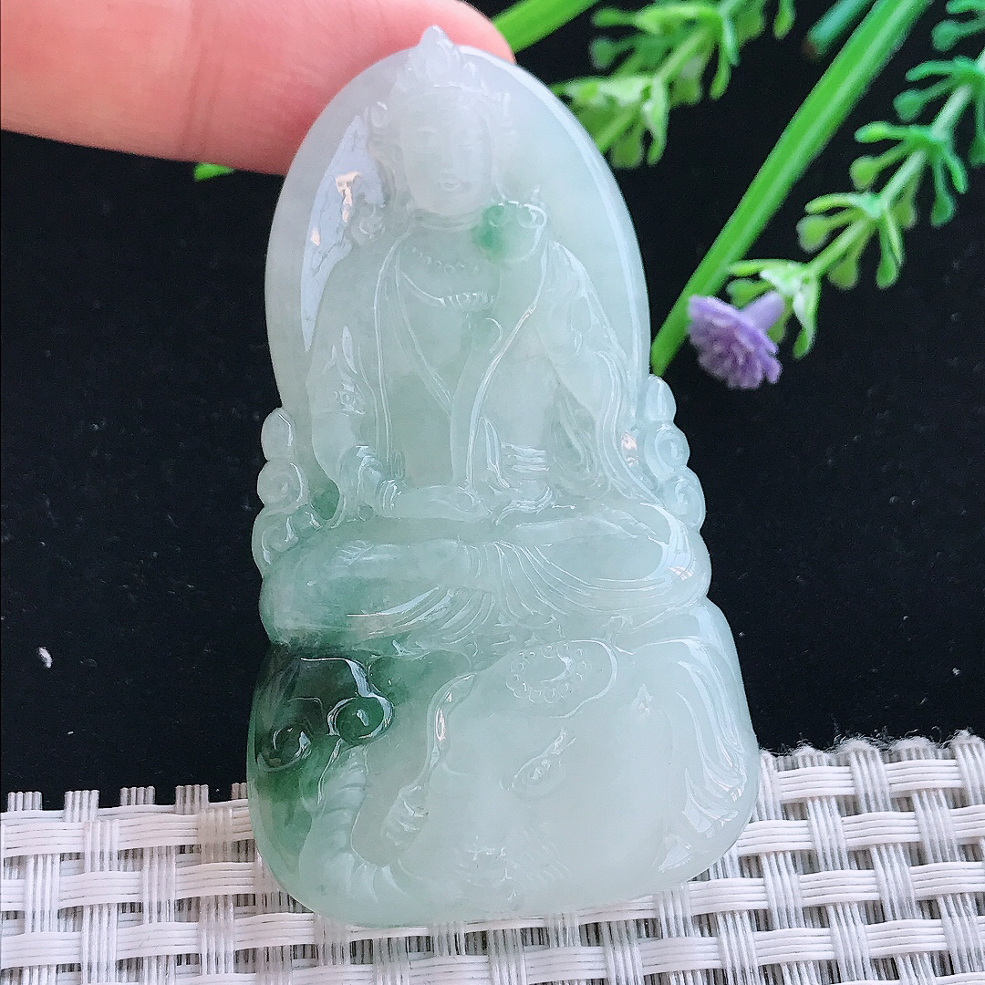 实拍A货翡翠65/37/6.5老坑冰胶飘花普贤菩萨吊坠翡翠挂件