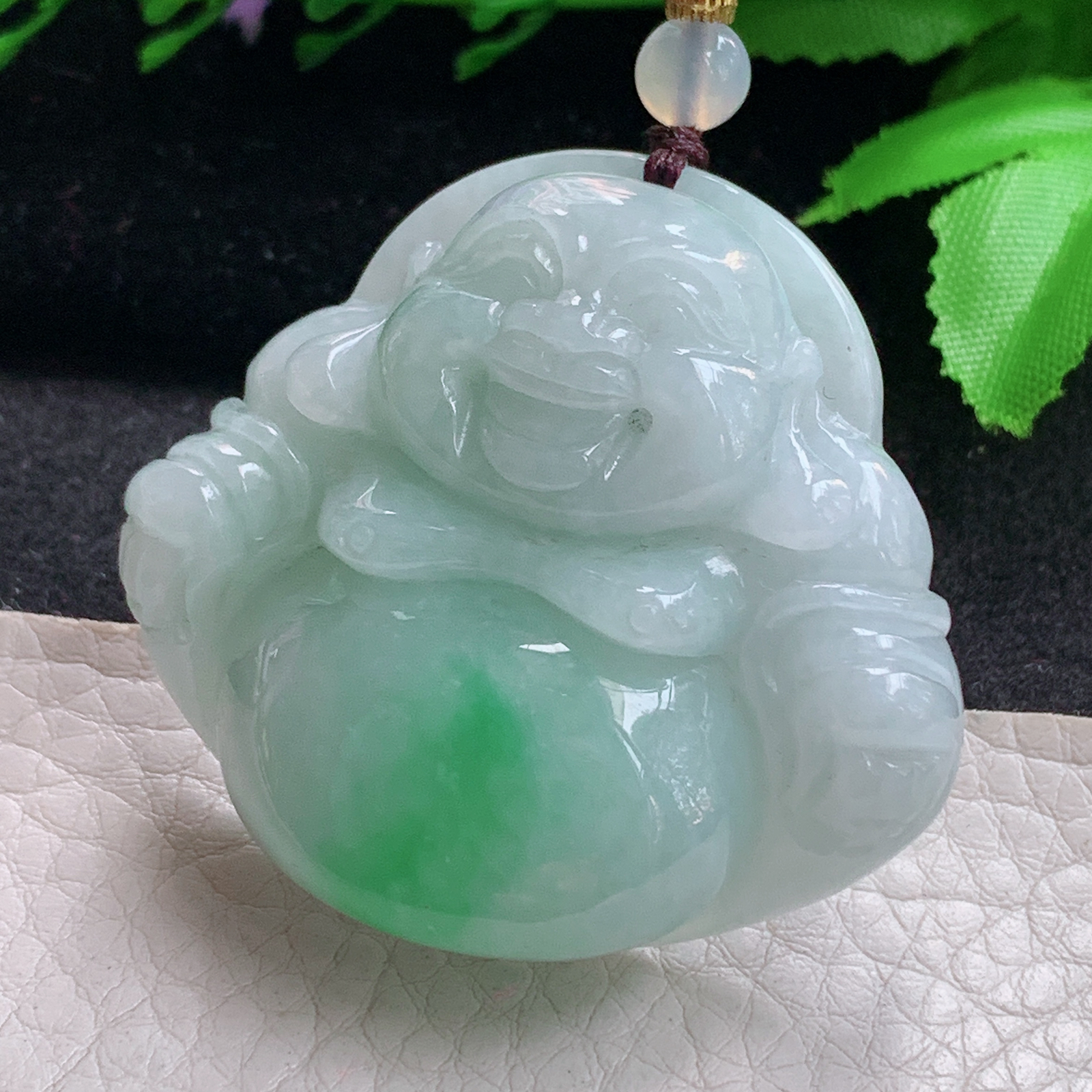 zen实拍43*46.8*13缅甸天然翡翠a货精雕飘绿佛公 弥勒佛玉项坠 玉挂件