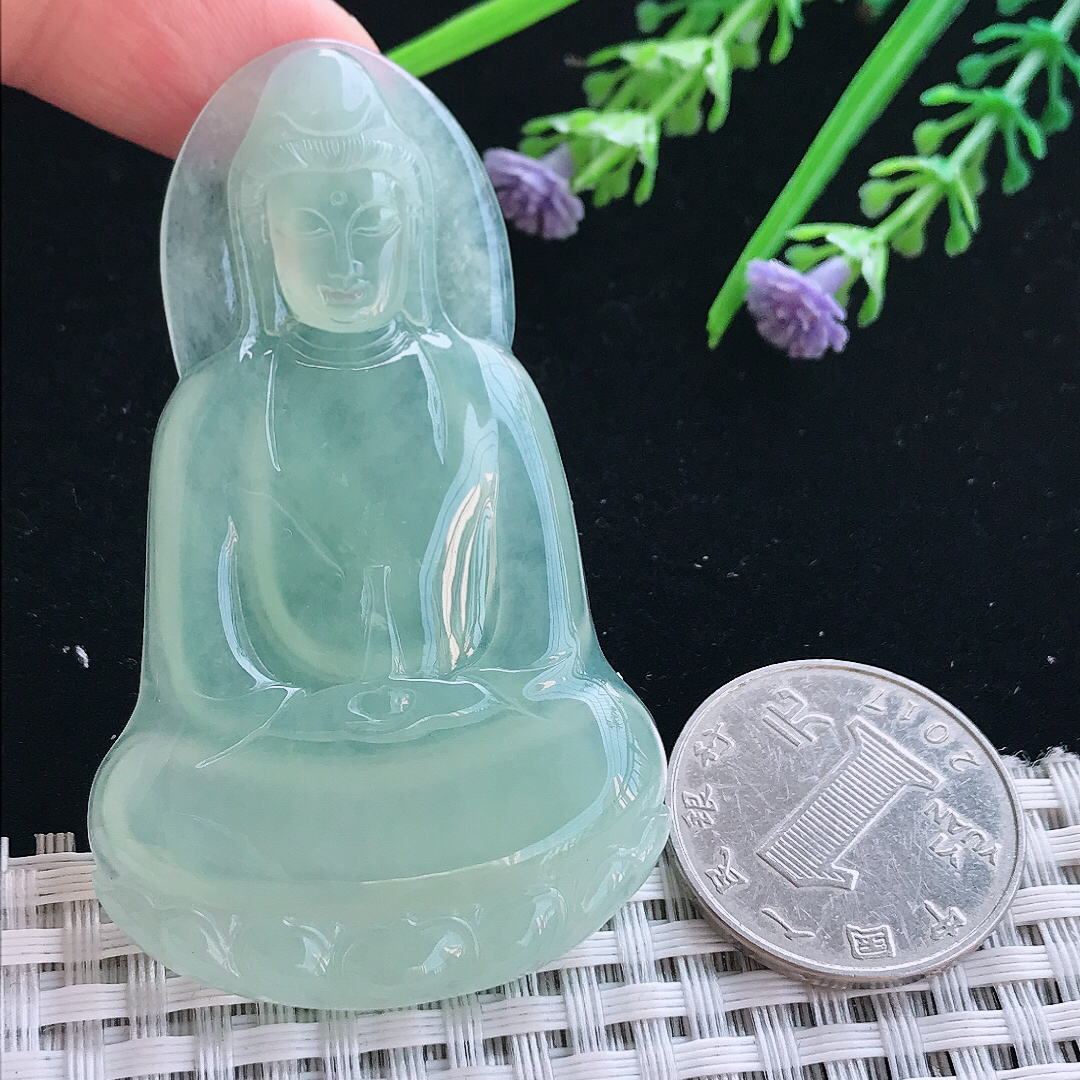 实拍A货翡翠66/39.5/5.5老坑冰种起胶冰晴甜绿素衣观音吊坠翡翠挂件
