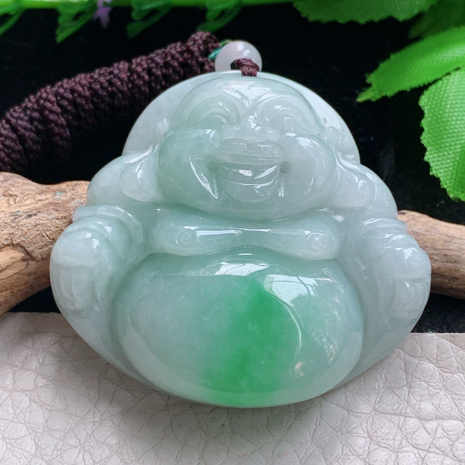 zen实拍43*46.8*13缅甸天然翡翠a货精雕飘绿佛公 弥勒佛玉项坠 玉挂件