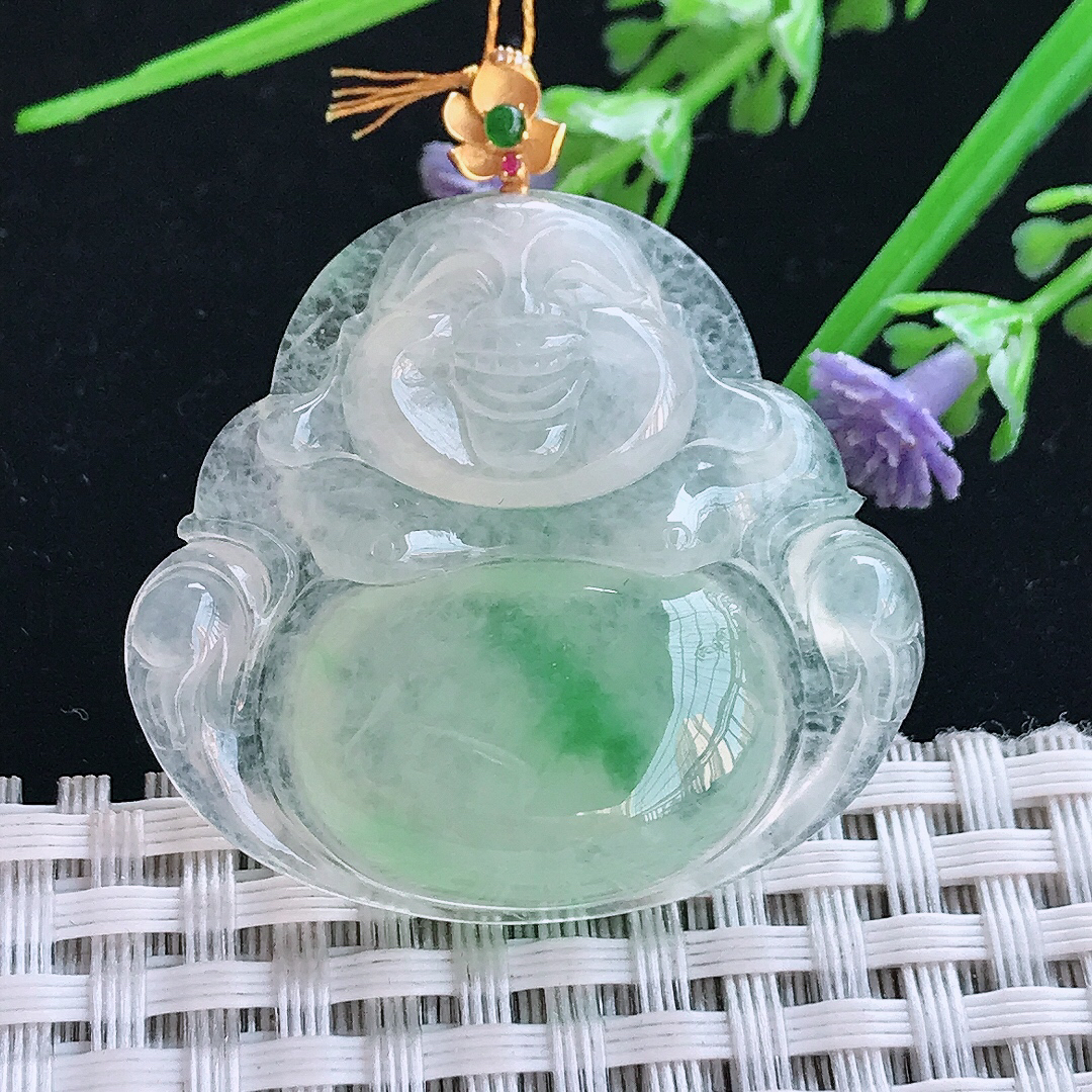 实拍A货翡翠34.7/37.5/7老坑18k金镶嵌冰种阳绿佛公吊坠翡翠玉佛挂件