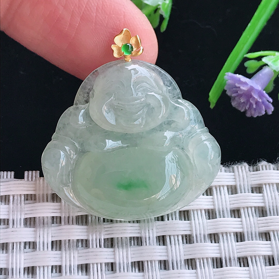 实拍A货翡翠25.8/28.6/5.5老坑18k金镶嵌冰晴飘绿佛公吊坠翡翠挂件