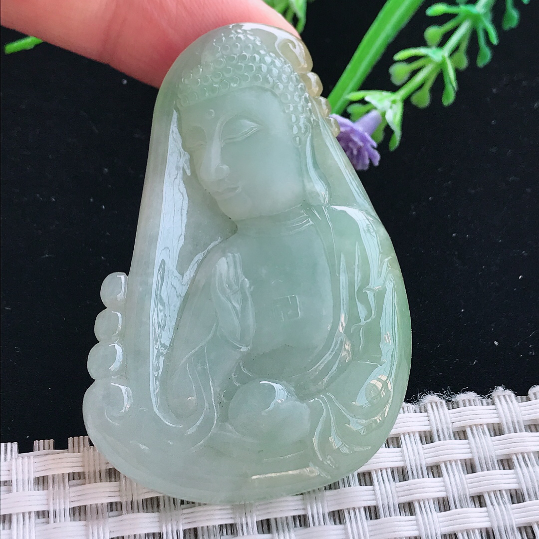 实拍A货翡翠56.8/37/7.6老坑冰润晴绿佛头吊坠翡翠挂件