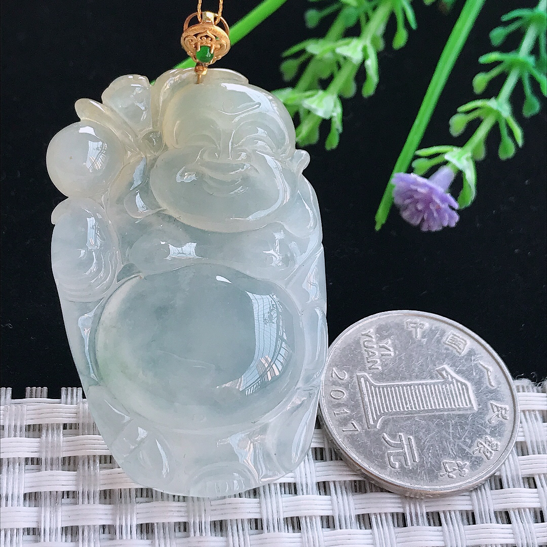 实拍A货翡翠48.8/30.8/9老坑18k金镶嵌冰胶果冻飘黄翡弥勒佛吊坠翡翠佛公挂件