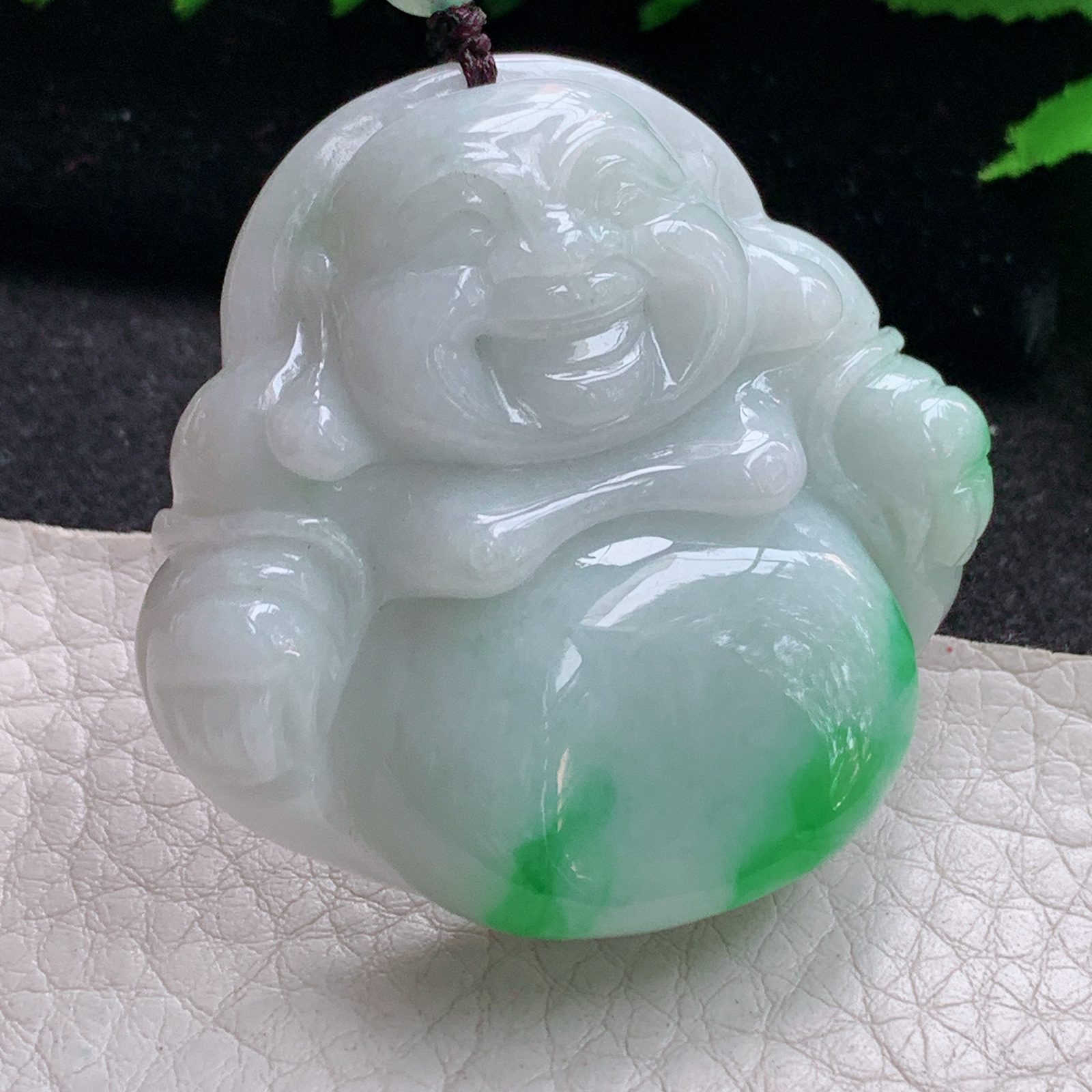 zen实拍46*48*12.5缅甸天然翡翠a货精雕白底青大佛公 弥勒佛玉项坠 玉挂件