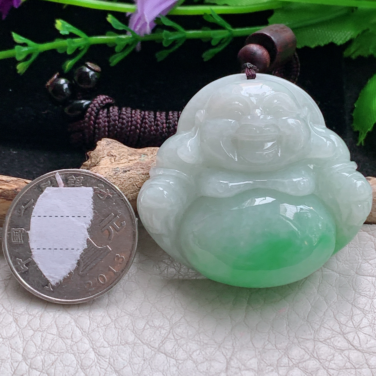 zen实拍40.8*44*13.5缅甸天然翡翠a货精雕清爽飘绿佛公玉项坠 玉挂件