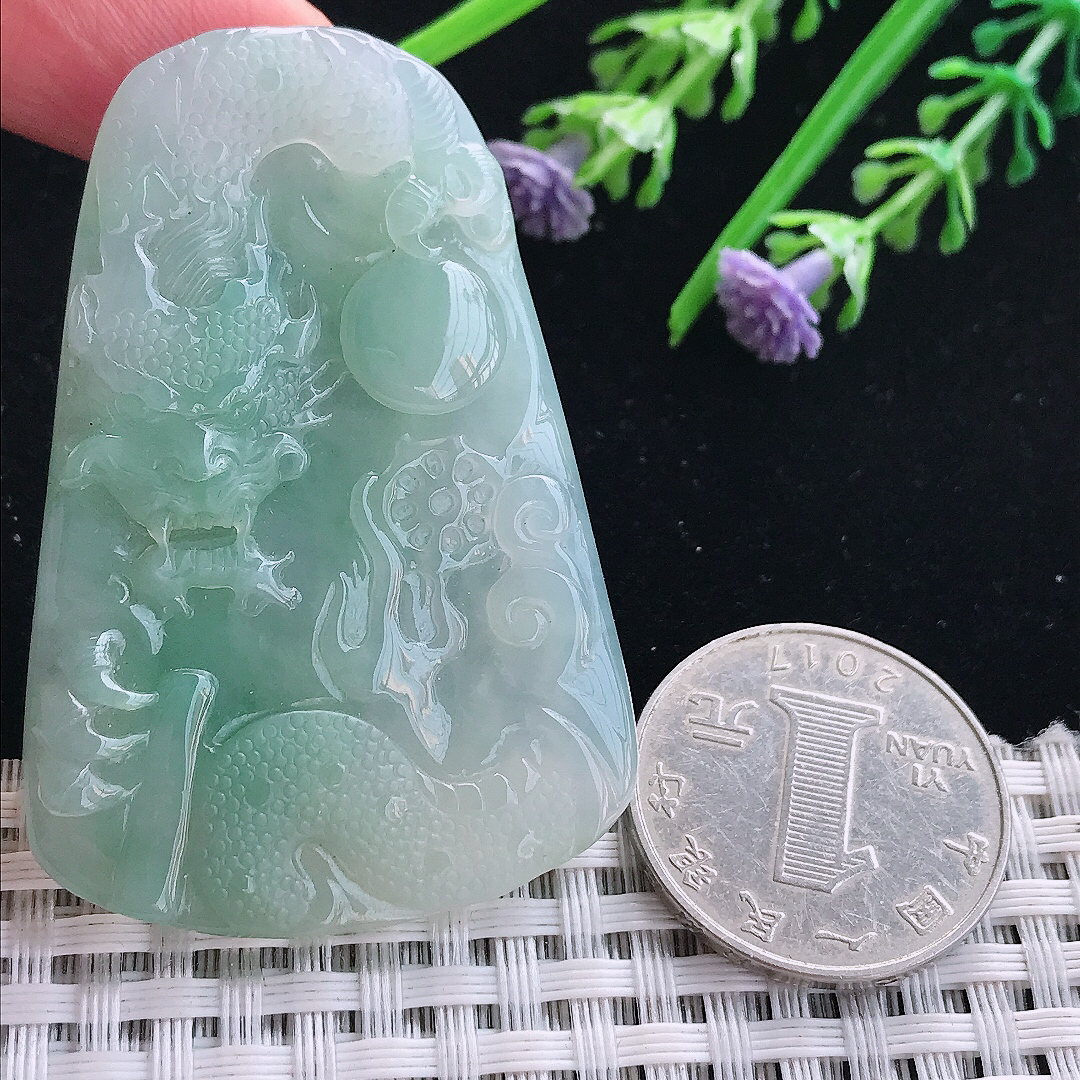实拍A货翡翠55/37/5.7老坑冰胶水灵冰晴龙牌吊坠翡翠挂件