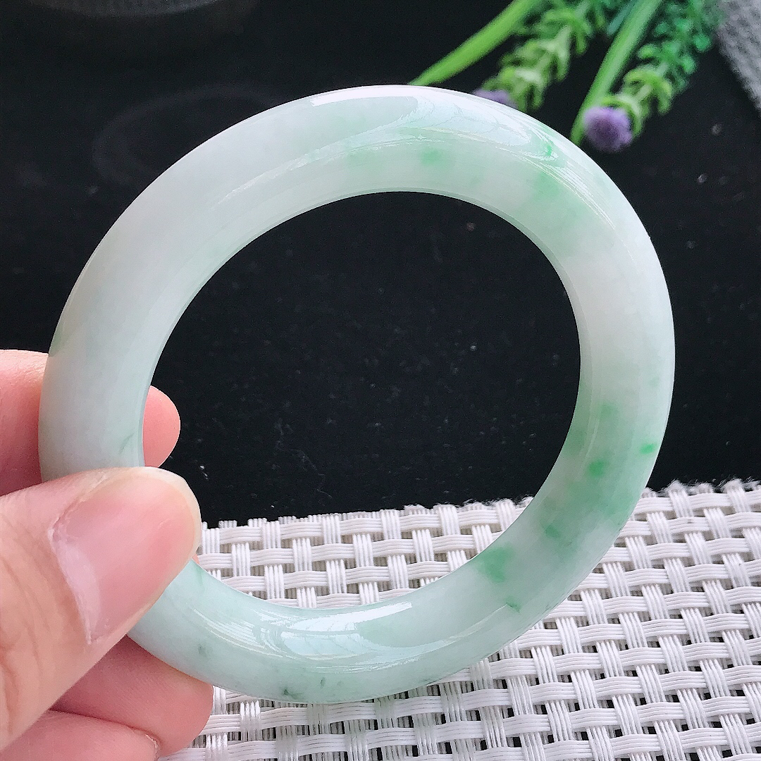 实拍天然翡翠53/11.2/11老坑秀气温润飘花圆条手镯翡翠玉镯手环