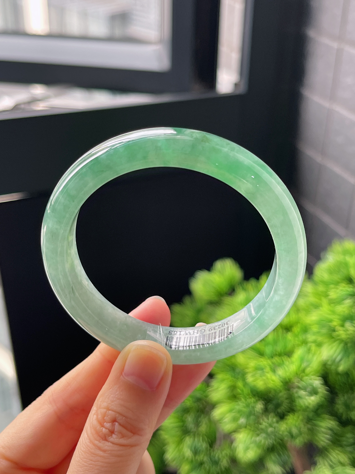 正圈53.4圈口，翡翠冰糯种飘绿手镯