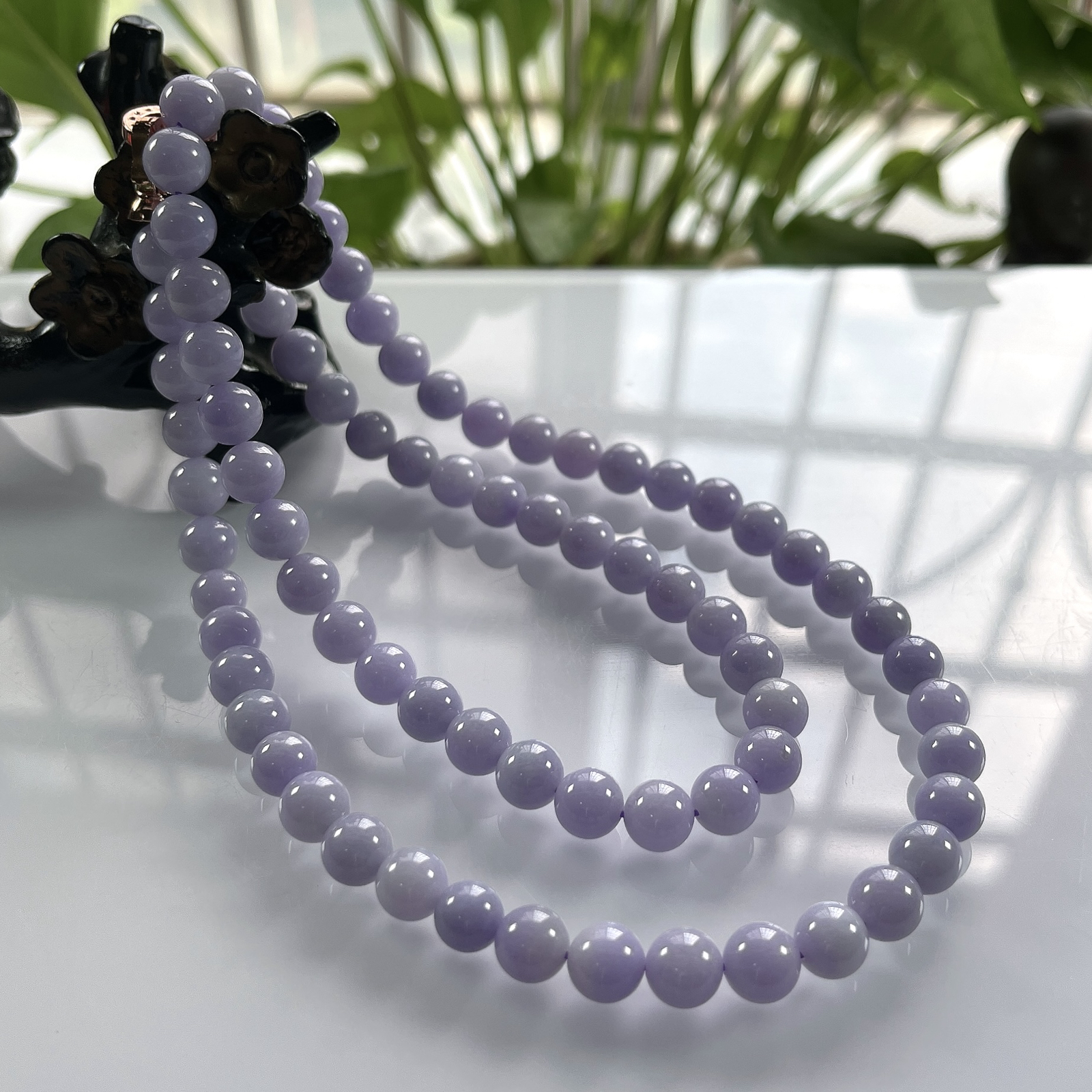 缅甸天然翡翠A货，卡8冰润紫罗兰圆珠项链手链，尺寸：8mm/78颗，长度640mm，重量：72.00g