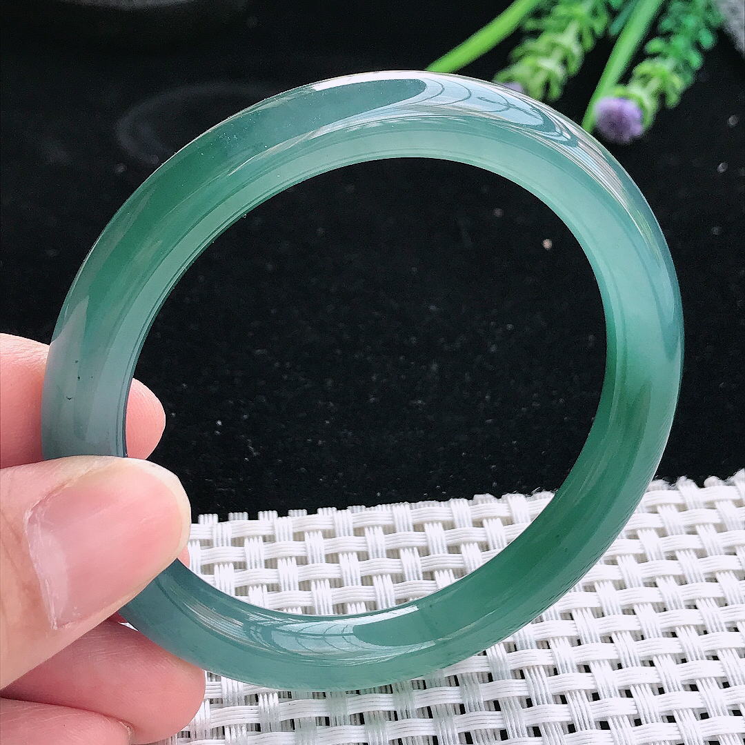 实拍天然翡翠57.5/9/9.2老坑冰胶果冻冰蓝蓝韵圆条手镯翡翠玉镯手环