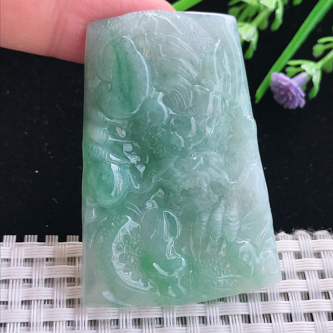 实拍A货翡翠55/39/6老坑温润冰晴龙牌吊坠翡翠挂件