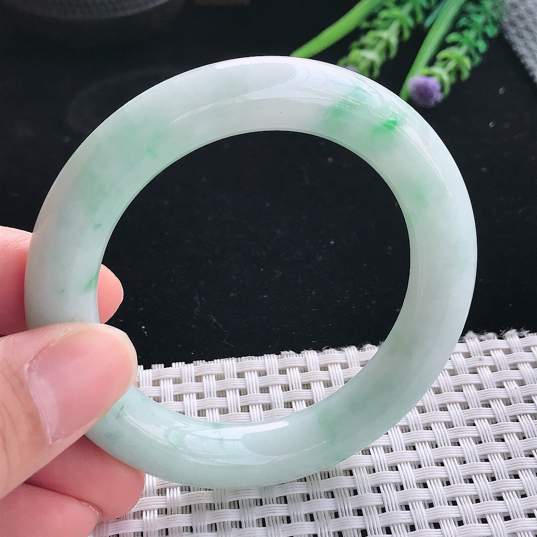 实拍天然翡翠53/11.2/11老坑秀气温润飘花圆条手镯翡翠玉镯手环