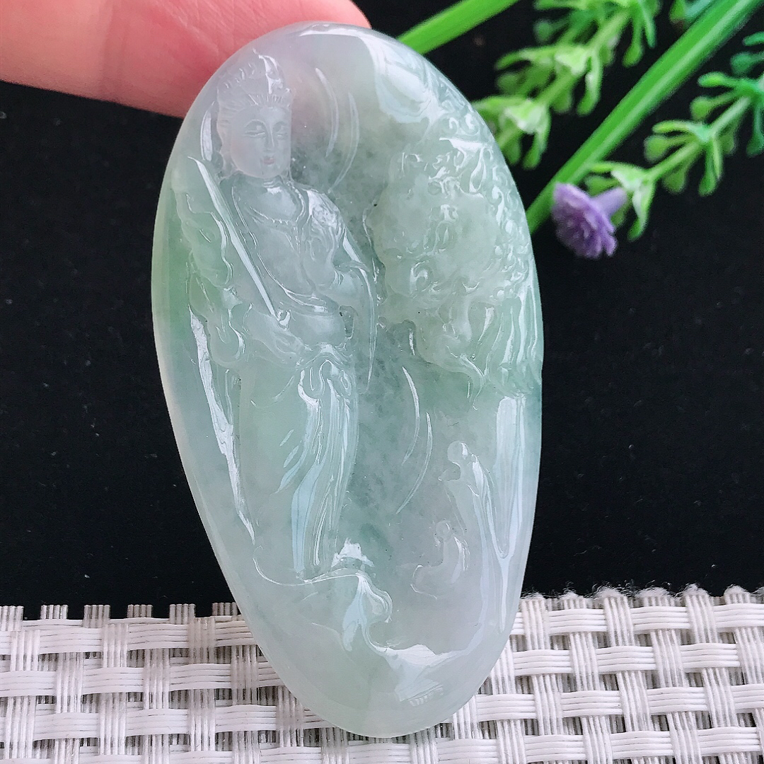 实拍A货翡翠66.5/37/5.5老坑冰润起胶冰晴文殊菩萨吊坠翡翠挂件