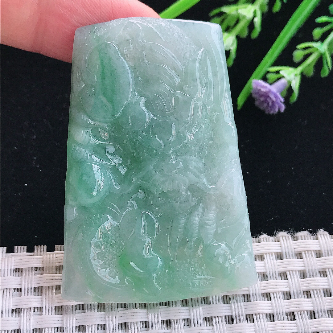 实拍A货翡翠55/39/6老坑温润冰晴龙牌吊坠翡翠挂件