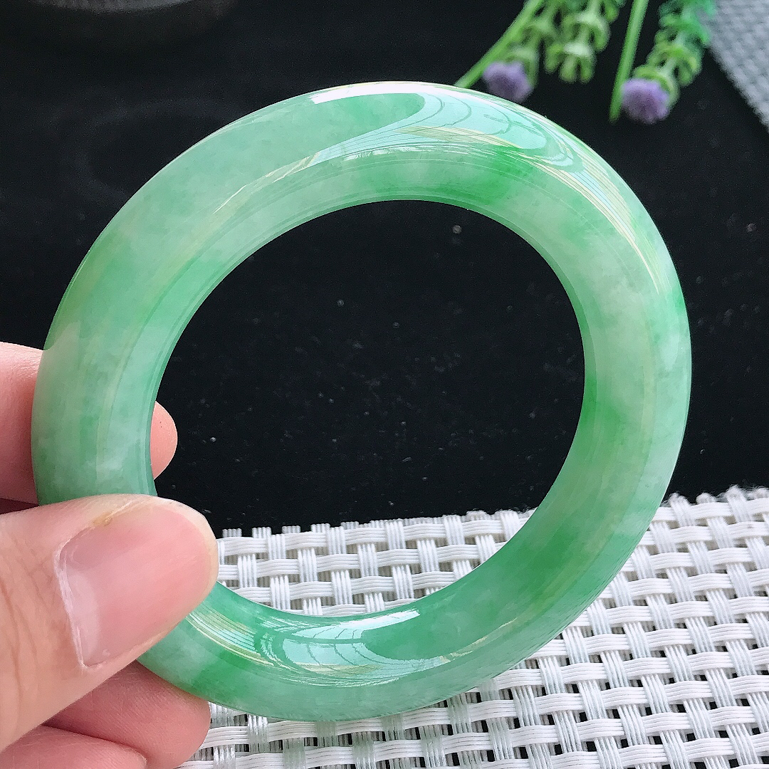 实拍天然翡翠52/12.2/12.3老坑温润满绿胖圆条手镯翡翠玉镯手环