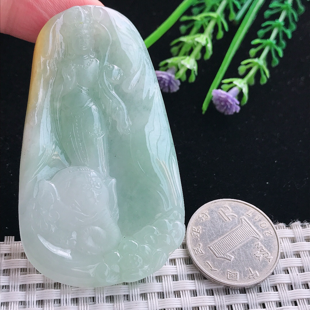 实拍A货翡翠68.6/40/5.8老坑冰润冰晴底普贤菩萨吊坠翡翠挂件