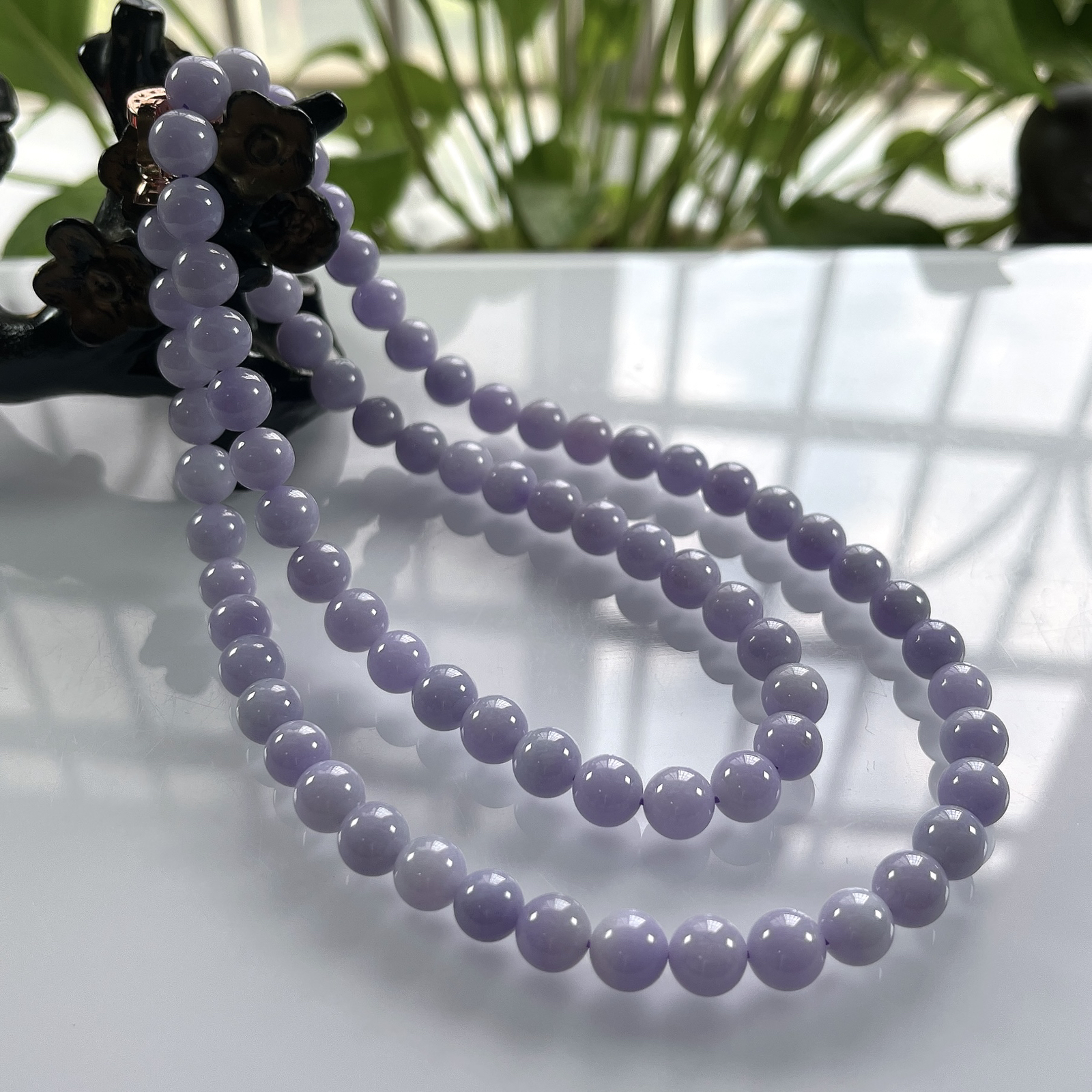 缅甸天然翡翠A货，卡8冰润紫罗兰圆珠项链手链，尺寸：8mm/78颗，长度640mm，重量：72.00