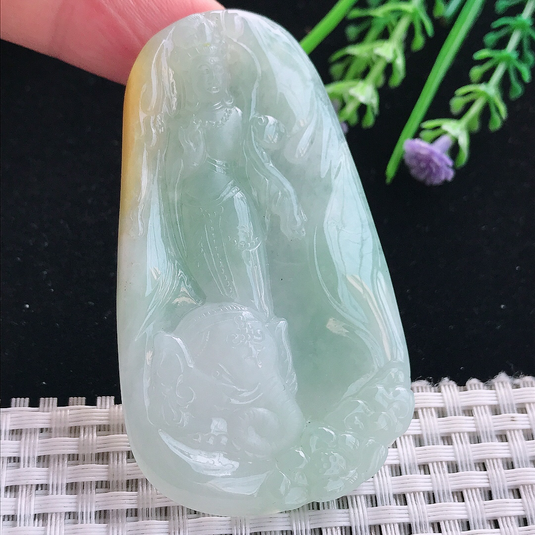 实拍A货翡翠68.6/40/5.8老坑冰润冰晴底普贤菩萨吊坠翡翠挂件