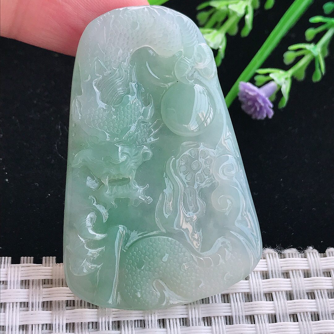 实拍A货翡翠55/37/5.7老坑冰胶水灵冰晴龙牌吊坠翡翠挂件