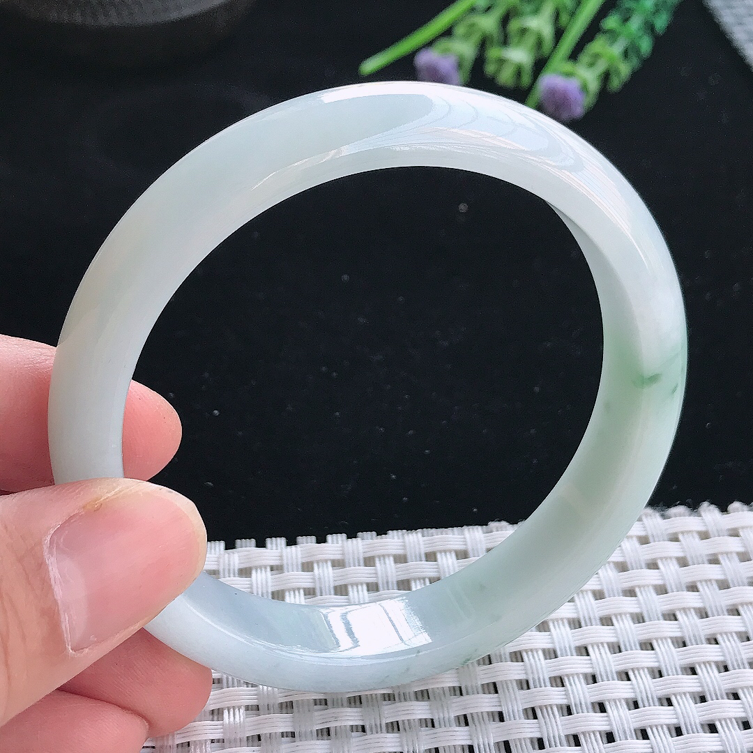 实拍天然翡翠58.5/12.3/7.5老坑精美温润飘花手镯翡翠玉镯手环