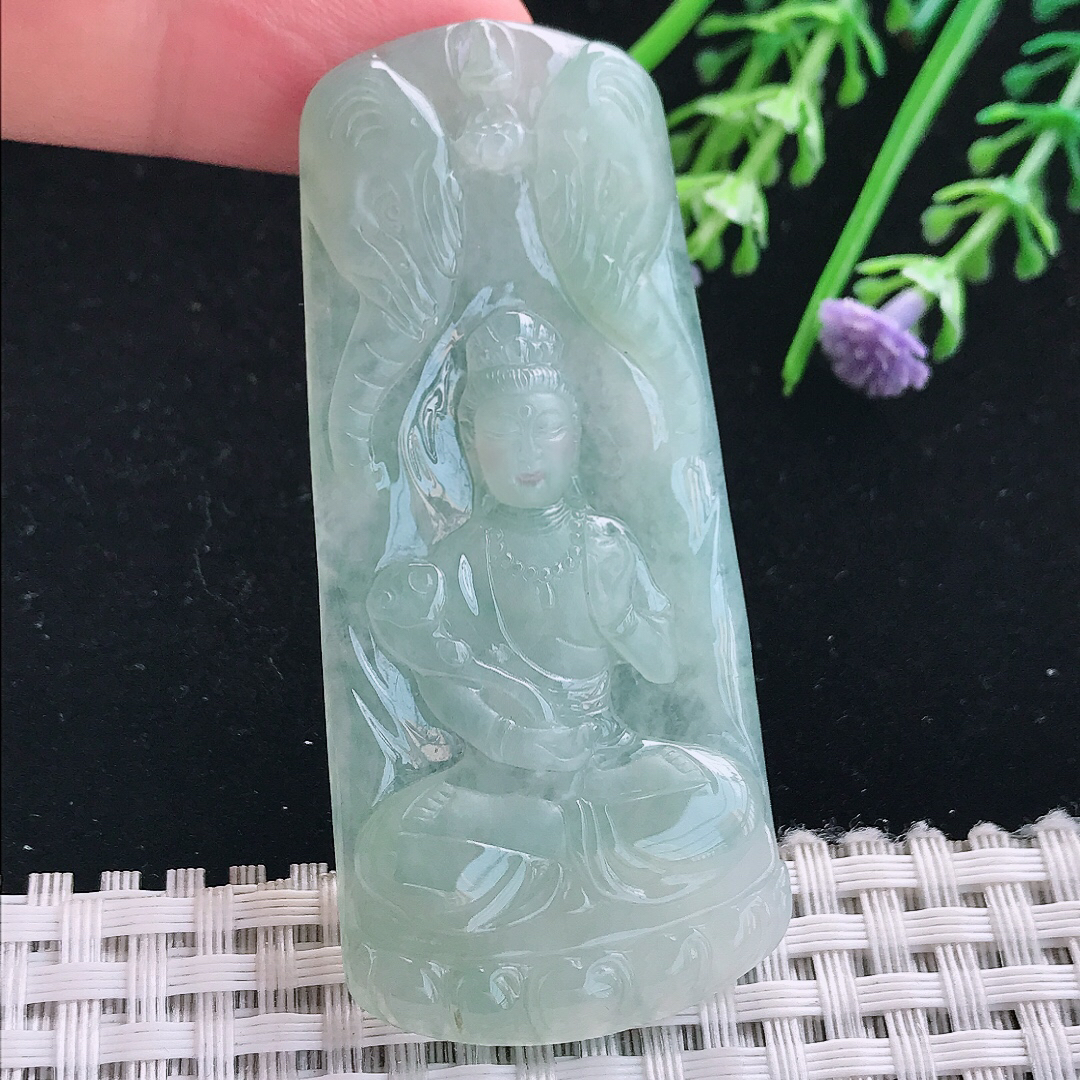 实拍A货翡翠65/29.6/5老坑冰胶冰晴普贤菩萨吊坠翡翠挂件