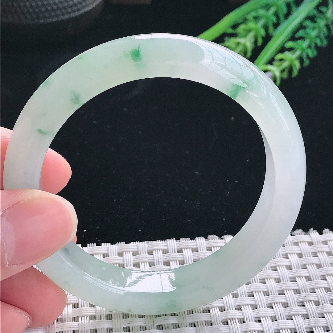 实拍天然翡翠54.5/12.1/8.5老坑冰透冰飘花手镯翡翠玉镯手环