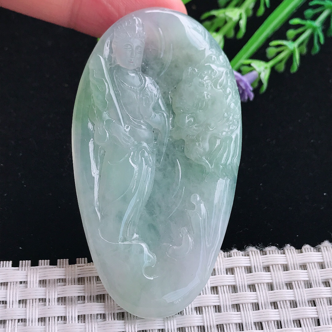 实拍A货翡翠66.5/37/5.5老坑冰润起胶冰晴文殊菩萨吊坠翡翠挂件