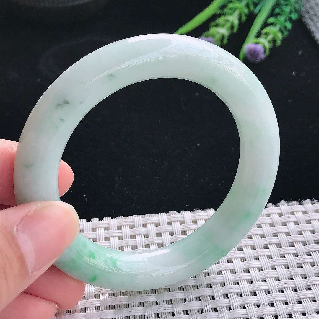 实拍天然翡翠53/11.2/11老坑秀气温润飘花圆条手镯翡翠玉镯手环