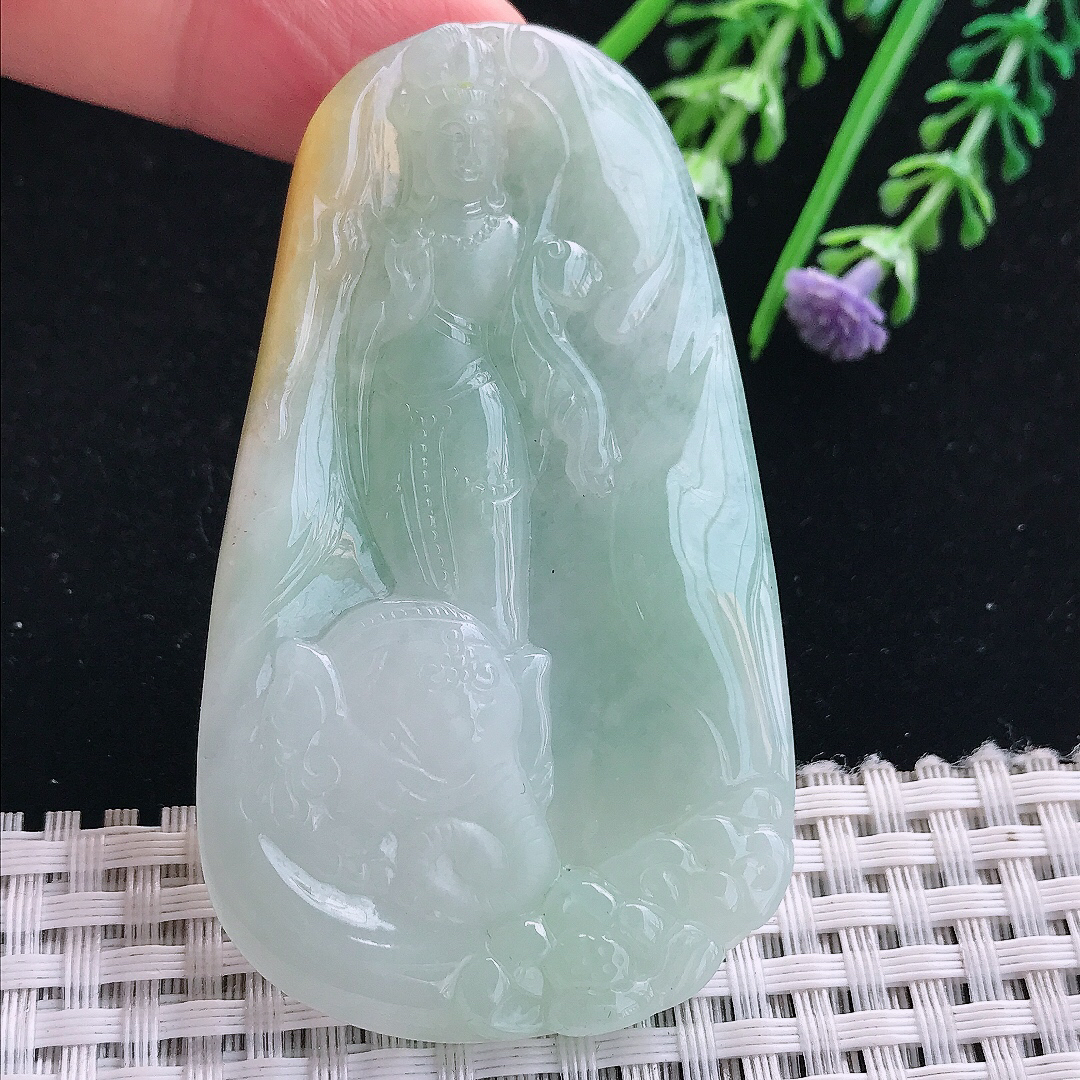 实拍A货翡翠68.6/40/5.8老坑冰润冰晴底普贤菩萨吊坠翡翠挂件