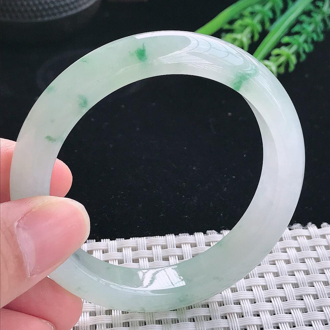 实拍天然翡翠54.5/12.1/8.5老坑冰透冰飘花手镯翡翠玉镯手环