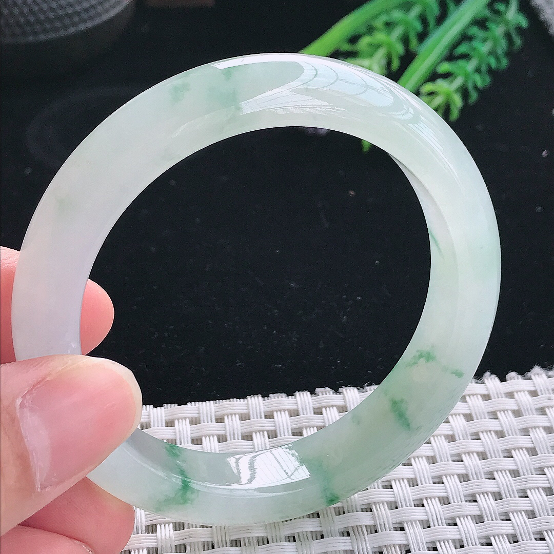 实拍天然翡翠54.5/12.1/8.5老坑冰透冰飘花手镯翡翠玉镯手环