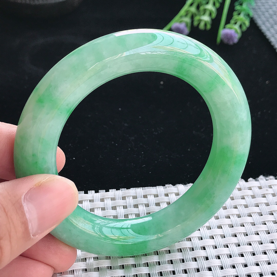 实拍天然翡翠52/12.2/12.3老坑温润满绿胖圆条手镯翡翠玉镯手环