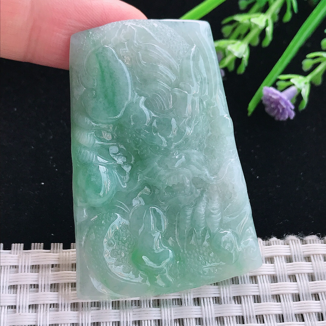 实拍A货翡翠55/39/6老坑温润冰晴龙牌吊坠翡翠挂件