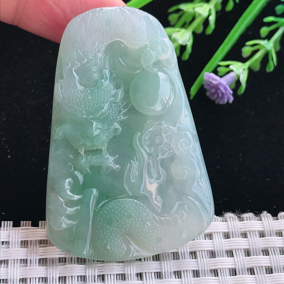 实拍A货翡翠55/37/5.7老坑冰胶水灵冰晴龙牌吊坠翡翠挂件