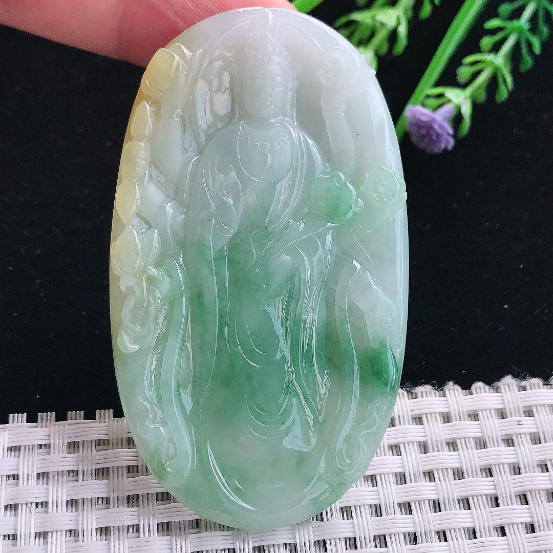 实拍A货翡翠70/40.5/5.8老坑冰润起胶飘绿千手观音吊坠翡翠挂件