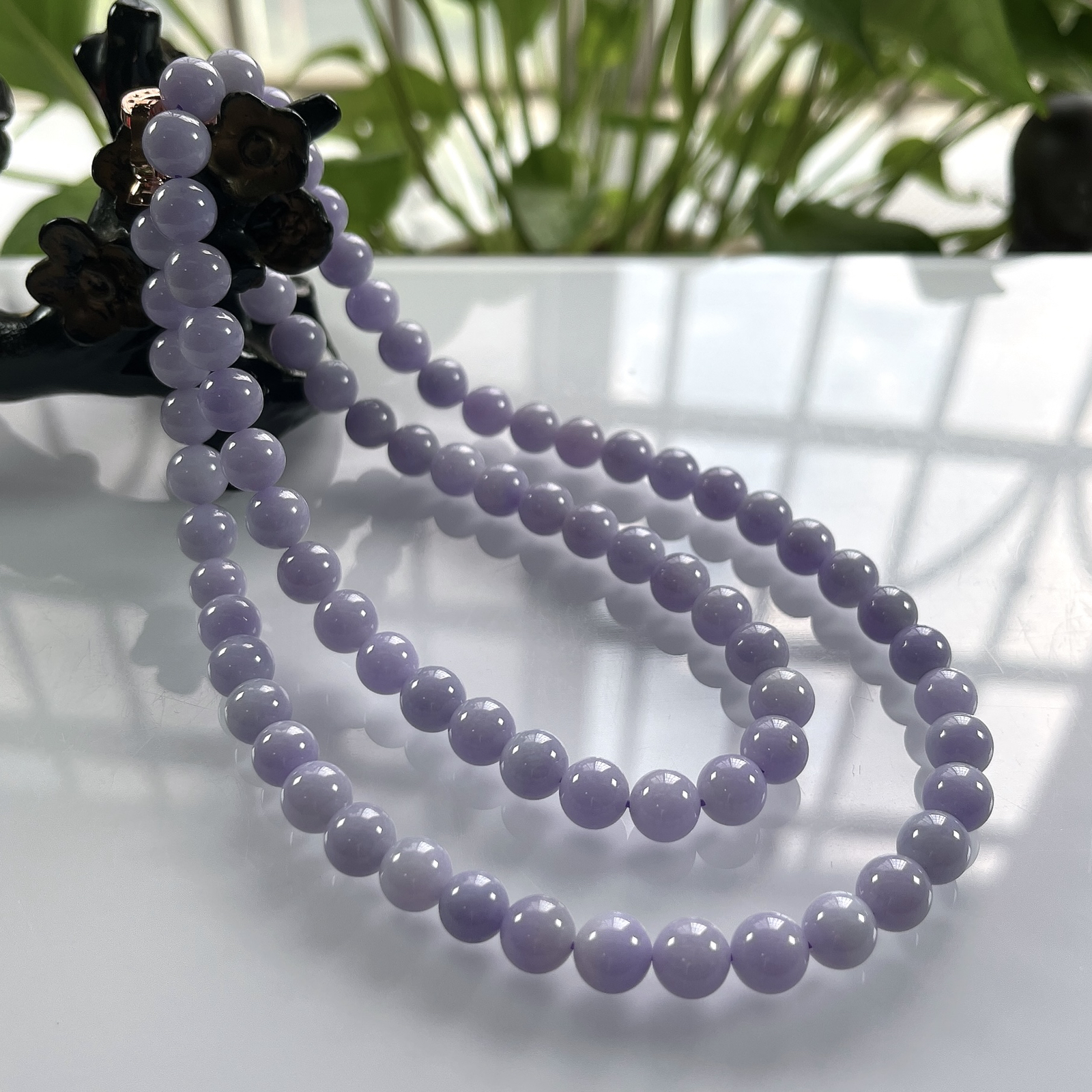缅甸天然翡翠A货，卡8冰润紫罗兰圆珠项链手链，尺寸：8mm/78颗，长度640mm，重量：72.00g