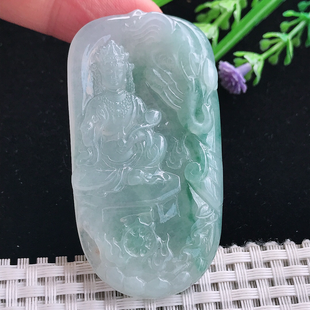 实拍A货翡翠61.8/33/6.5老坑冰胶水灵飘花普贤菩萨吊坠翡翠挂件