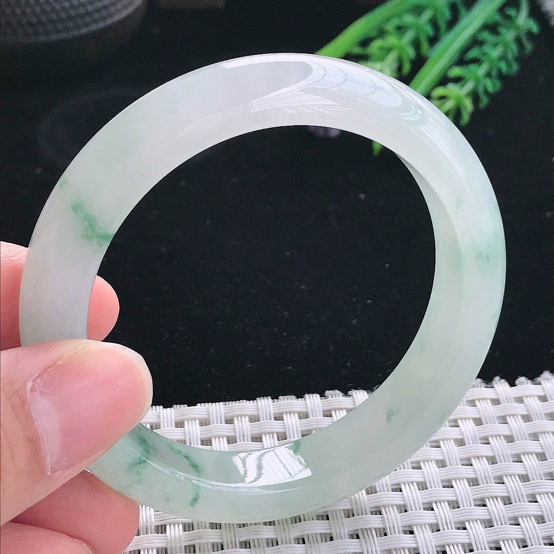 实拍天然翡翠54.5/12.1/8.5老坑冰透冰飘花手镯翡翠玉镯手环