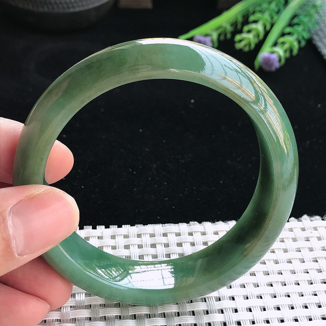 实拍天然翡翠57.5/16/8.8老坑温润满色油绿手镯翡翠玉镯手环