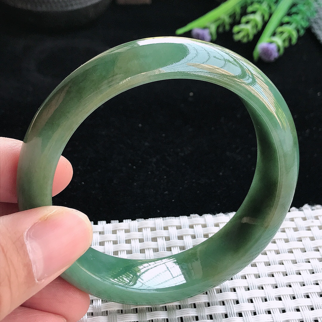 实拍天然翡翠57.5/16/8.8老坑温润满色油绿手镯翡翠玉镯手环