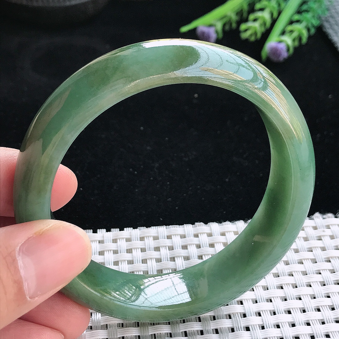 实拍天然翡翠57.5/16/8.8老坑温润满色油绿手镯翡翠玉镯手环