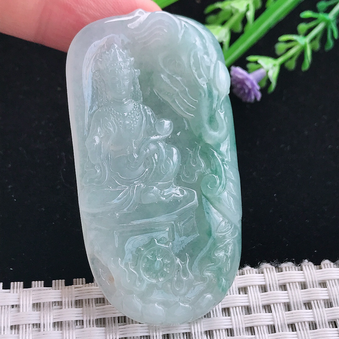 实拍A货翡翠61.8/33/6.5老坑冰胶水灵飘花普贤菩萨吊坠翡翠挂件