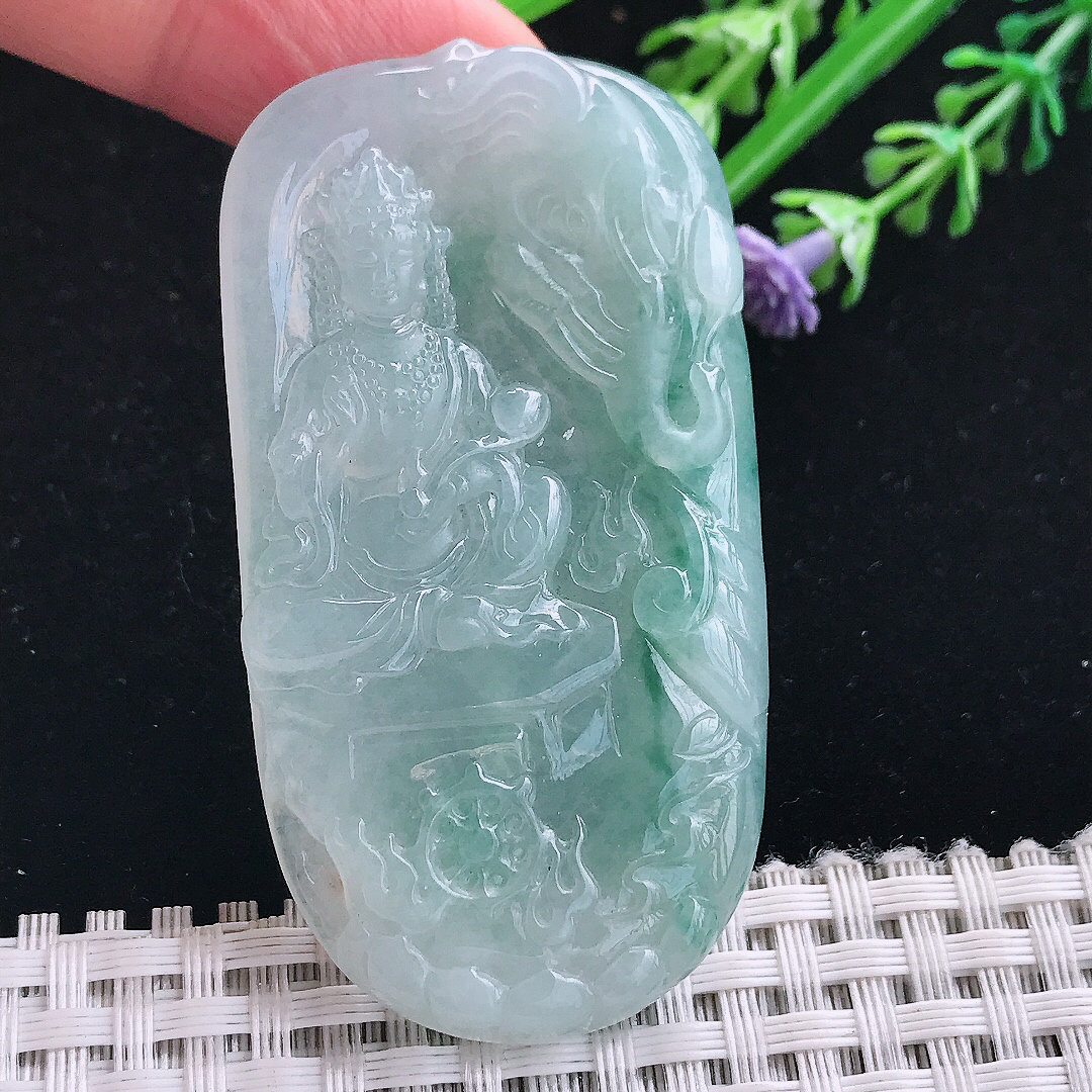 实拍A货翡翠61.8/33/6.5老坑冰胶水灵飘花普贤菩萨吊坠翡翠挂件