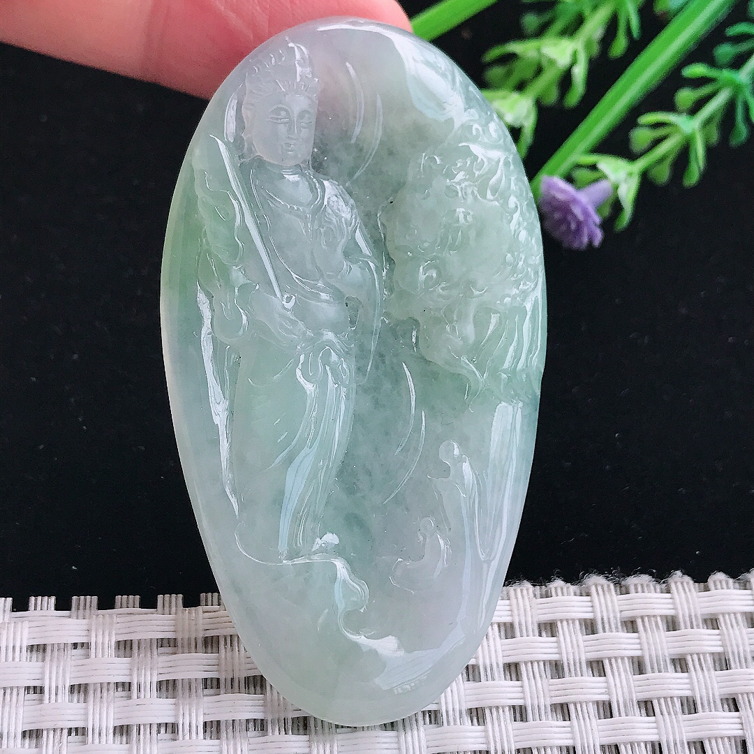 实拍A货翡翠66.5/37/5.5老坑冰润起胶冰晴文殊菩萨吊坠翡翠挂件