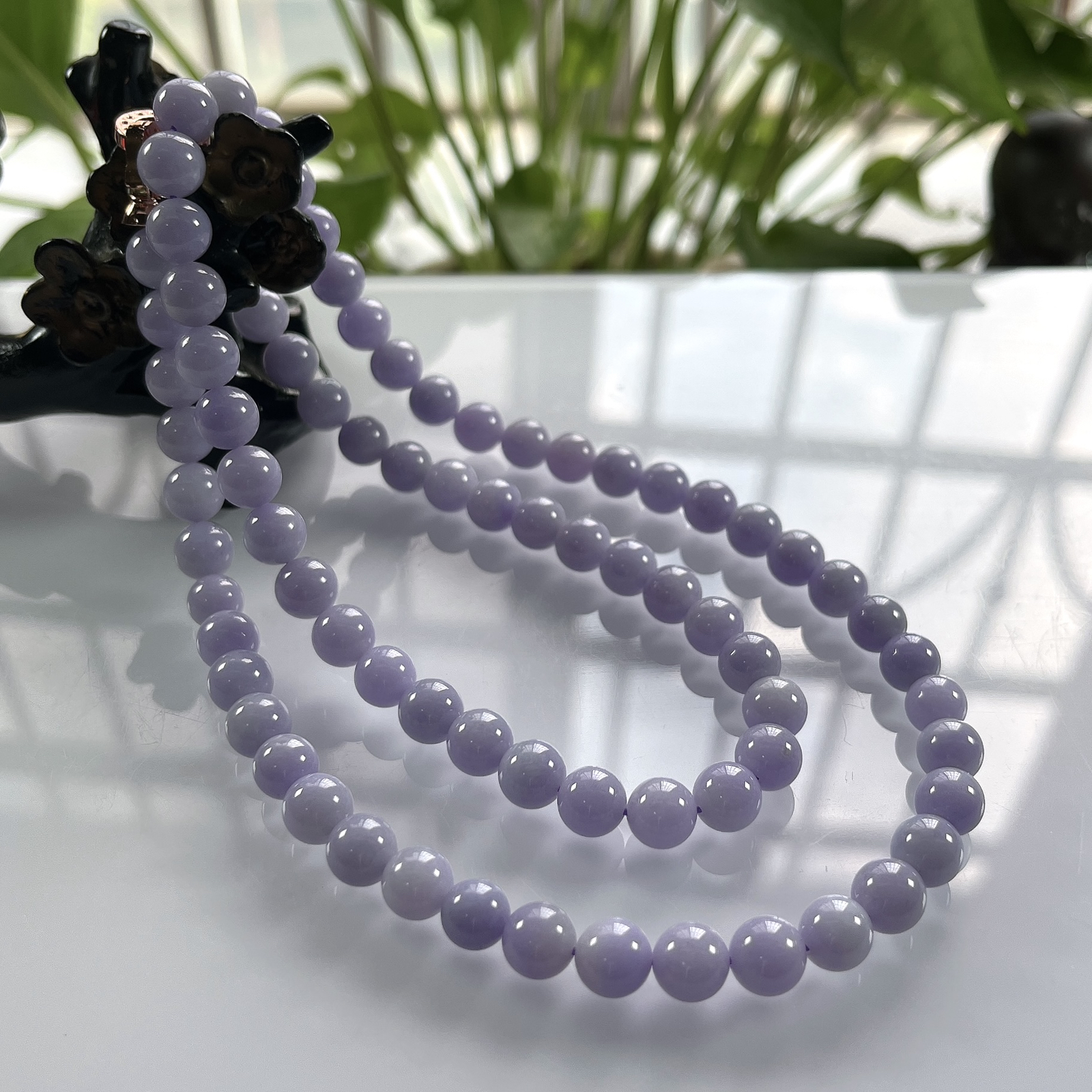 缅甸天然翡翠A货，卡8冰润紫罗兰圆珠项链手链，尺寸：8mm/78颗，长度640mm，重量：72.00g