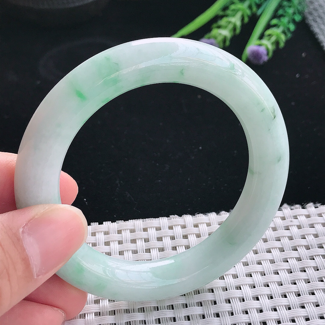 实拍天然翡翠53/11.2/11老坑秀气温润飘花圆条手镯翡翠玉镯手环